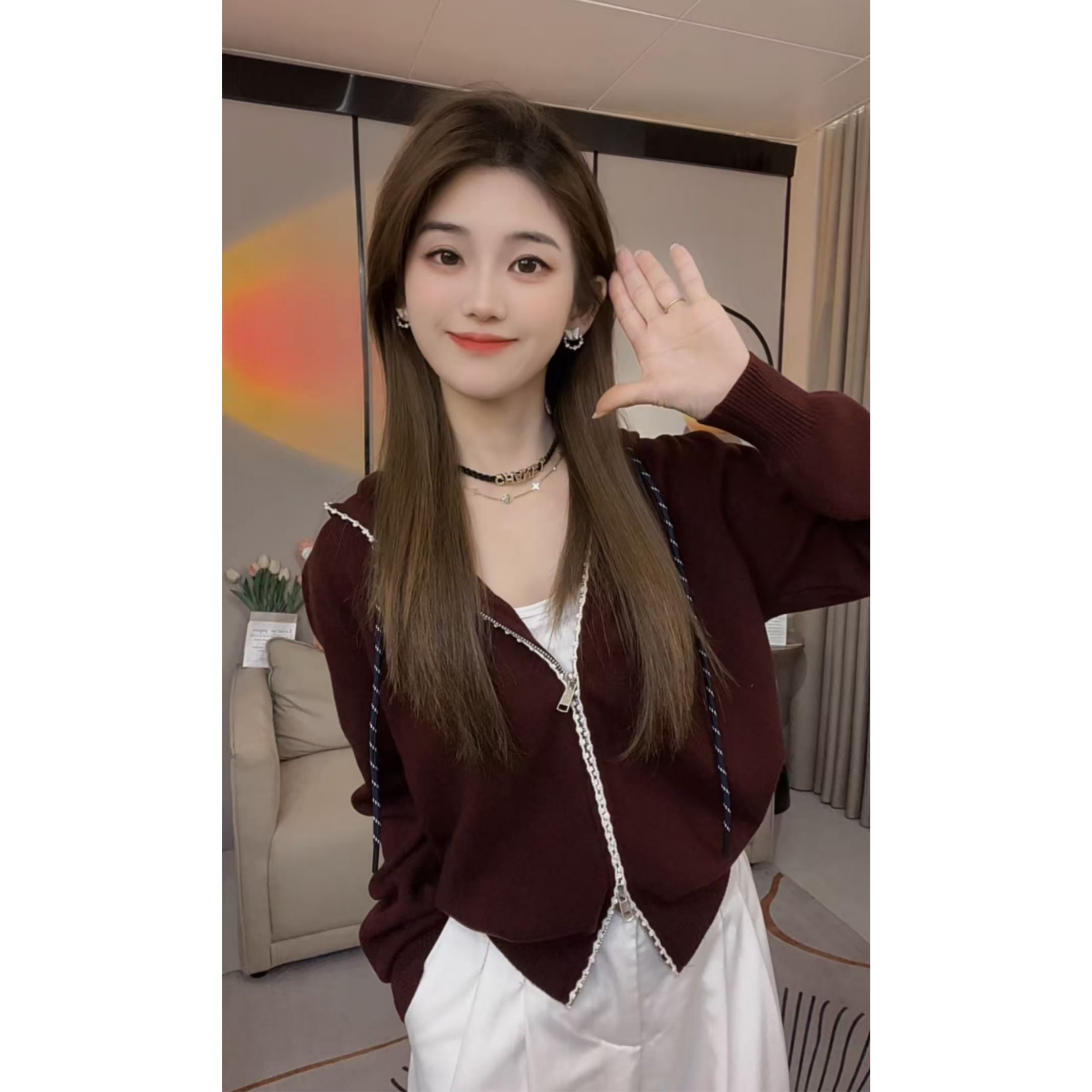 秋冬季小个子学院风连帽拉链针织开衫女灰色显瘦百搭毛衣短款外套