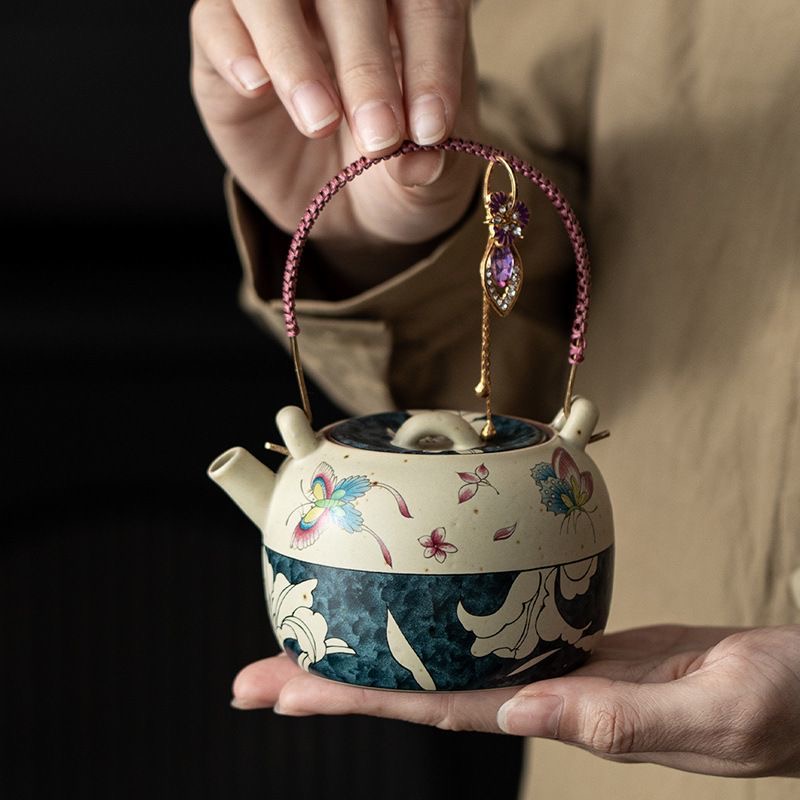 火石红蝶舞百合提溜提梁壶陶瓷防烫泡茶壶家用女士功夫茶具单壶