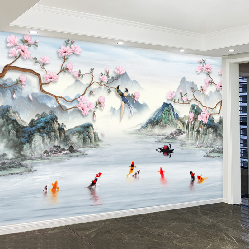 电视墙壁画壁纸布3D10D客厅影视墙纸墙布18d新中式家和花鸟山水
