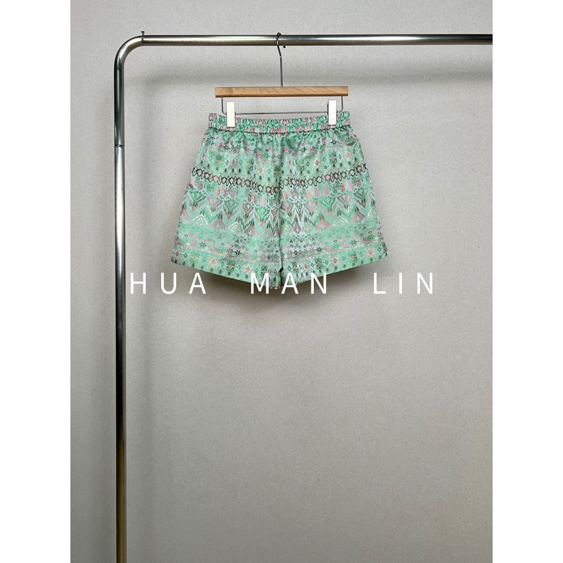 【预售，彩蛋】全松紧腰壮锦真丝桑蚕丝绿粉花中裤251307