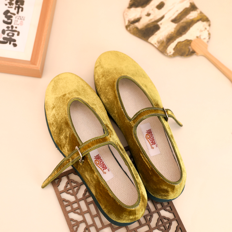 锦兮棠木兰鞋纯手工千层布鞋国潮非遗手工布鞋女鞋时尚丝绒金绿色