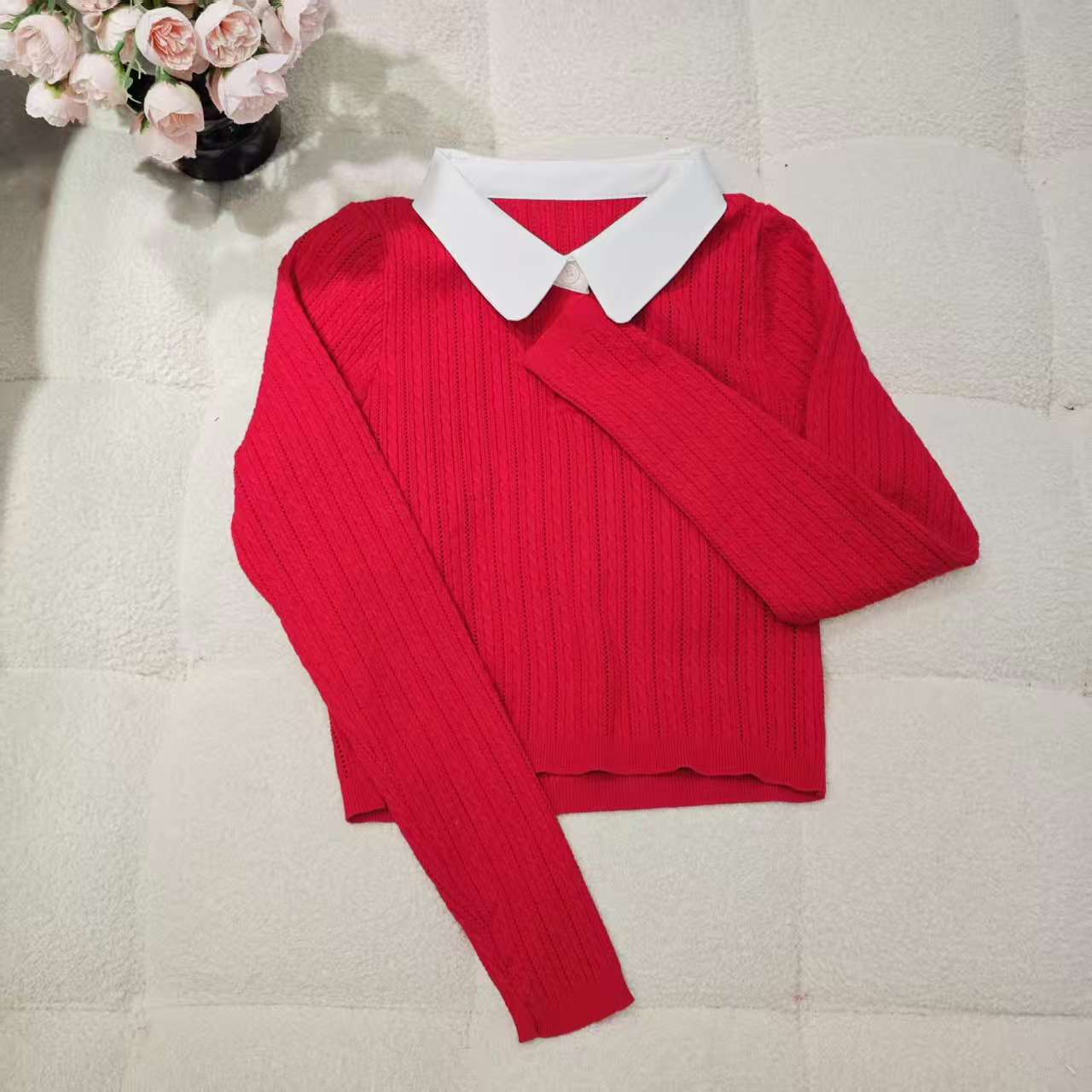 （非市场版）51135衬衫领针织长袖镂空设计针织衫短款字母版上衣