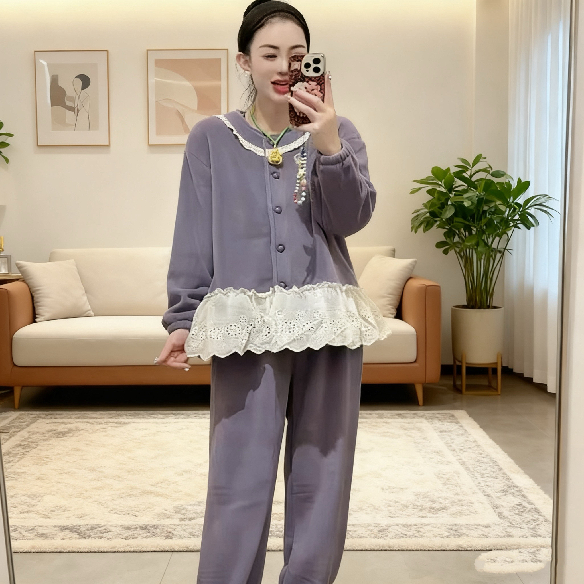 妮妮家7269加厚三成棉蕾丝花边可外出穿保暖家居服套装