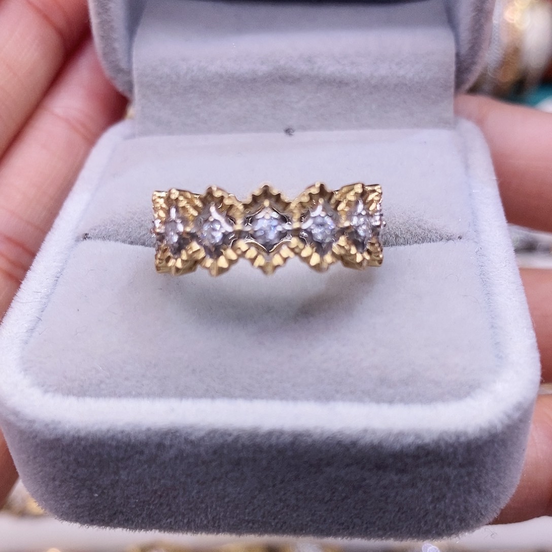 钻石戒指/指环18K金镶嵌双色单层菱形镂空戒指