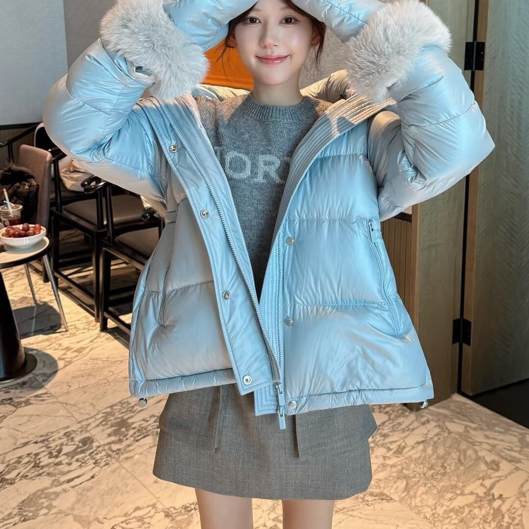 LIULIU（赵露思同款）90白鹅绒狐狸毛连帽鹅绒服蓝色外套，配手套