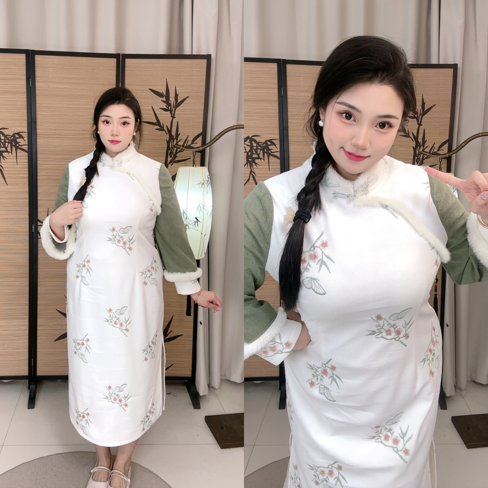 51936胖MM新中式复古国风倒大袖秋冬款灯芯绒复合银狐绒刺绣旗袍