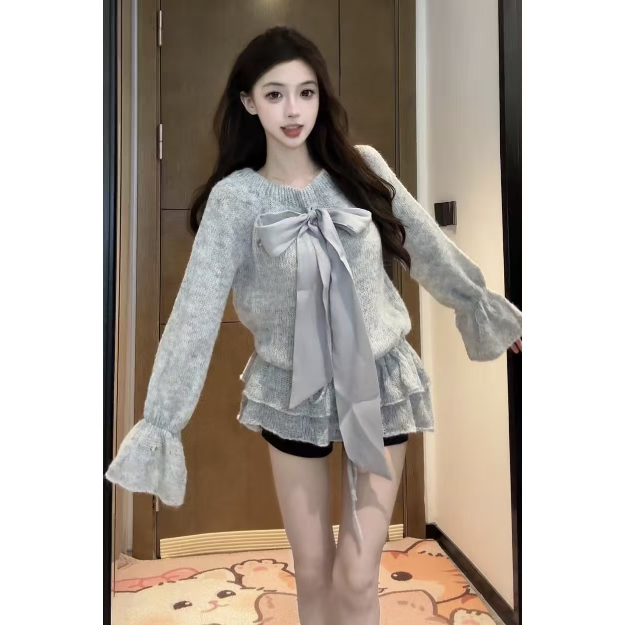 【XIAOBAWANG】新款纯欲蝴蝶结宽松上衣打结百搭上衣秋季女T