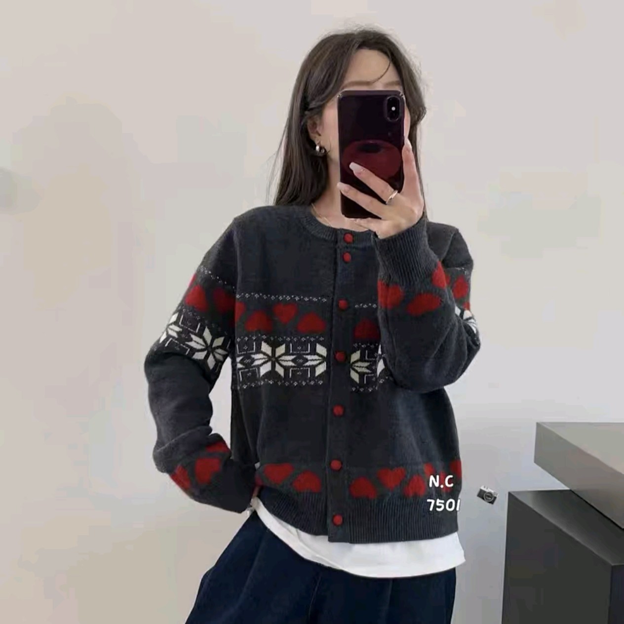 圣诞撞色爱心雪花毛衣（长约56）