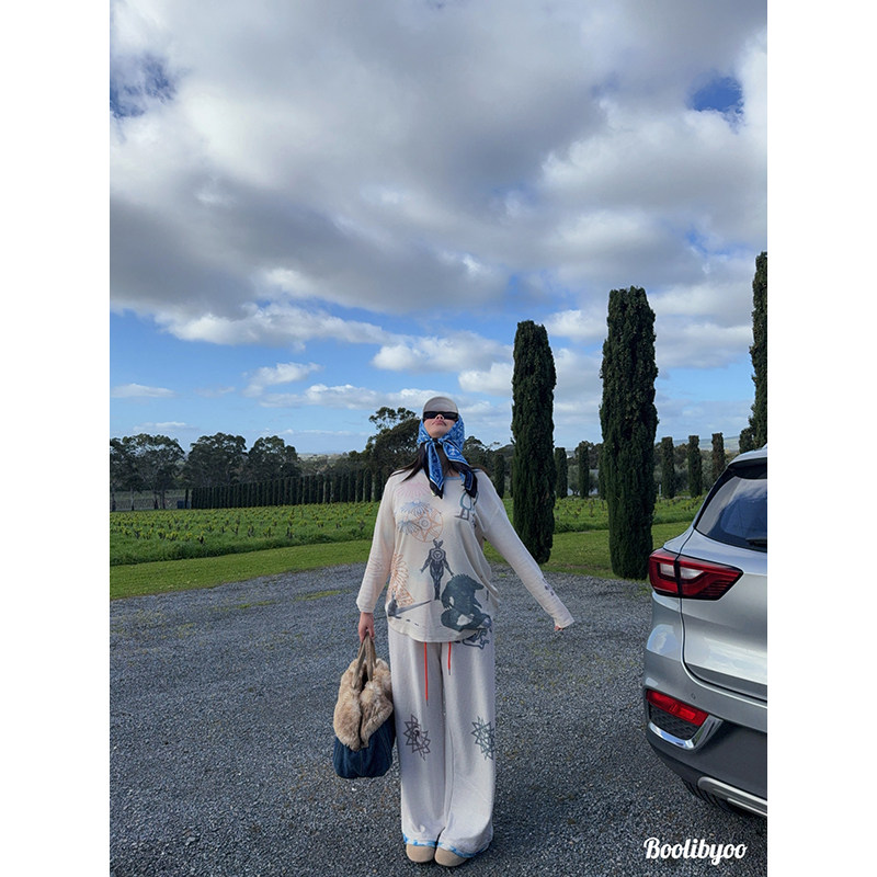 Boolibyoo jennie同款 大码松弛感圆领长袖T恤华夫格休闲裤套装