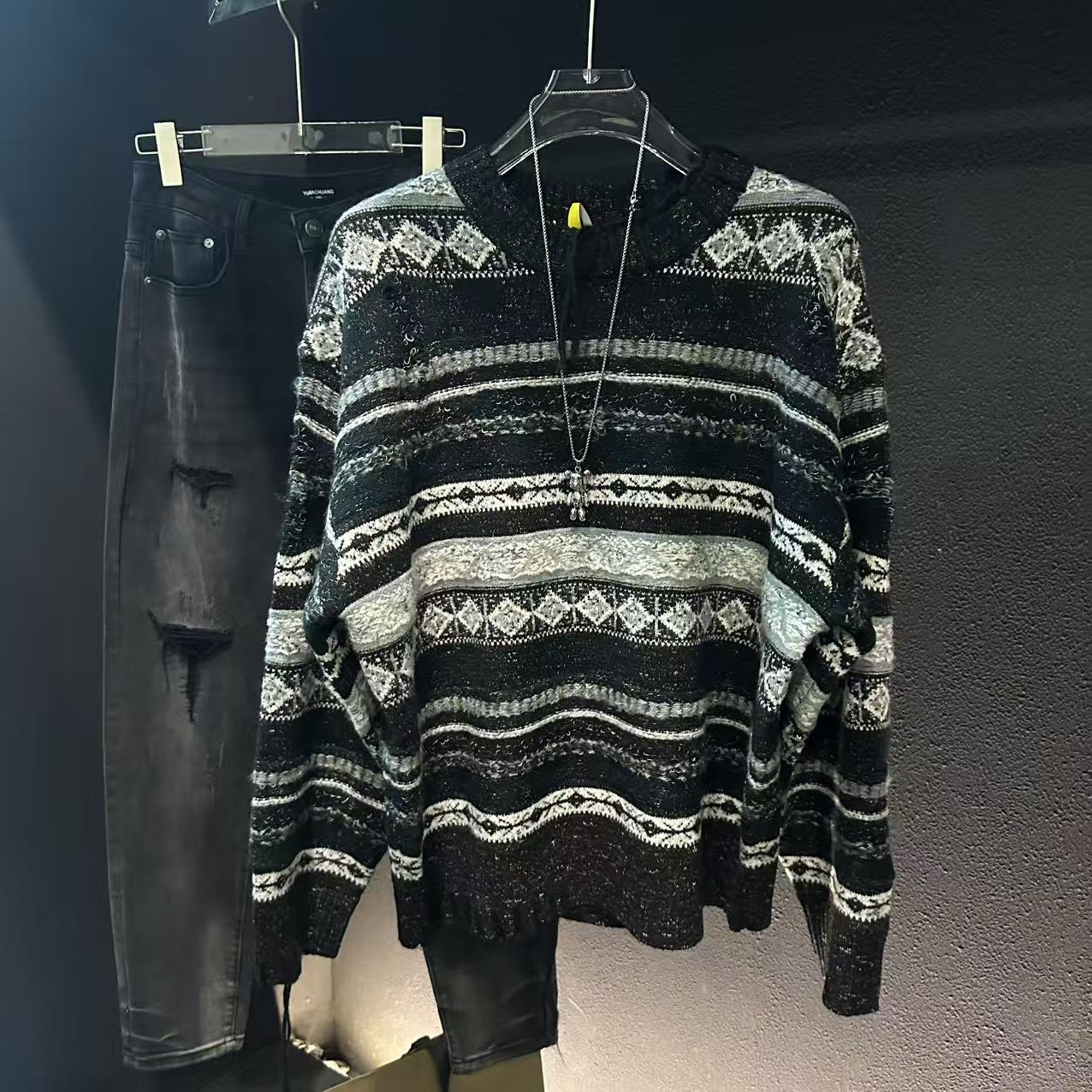 美式提花圆领毛衣男冬季2025新款潮牌加厚保暖潮百搭