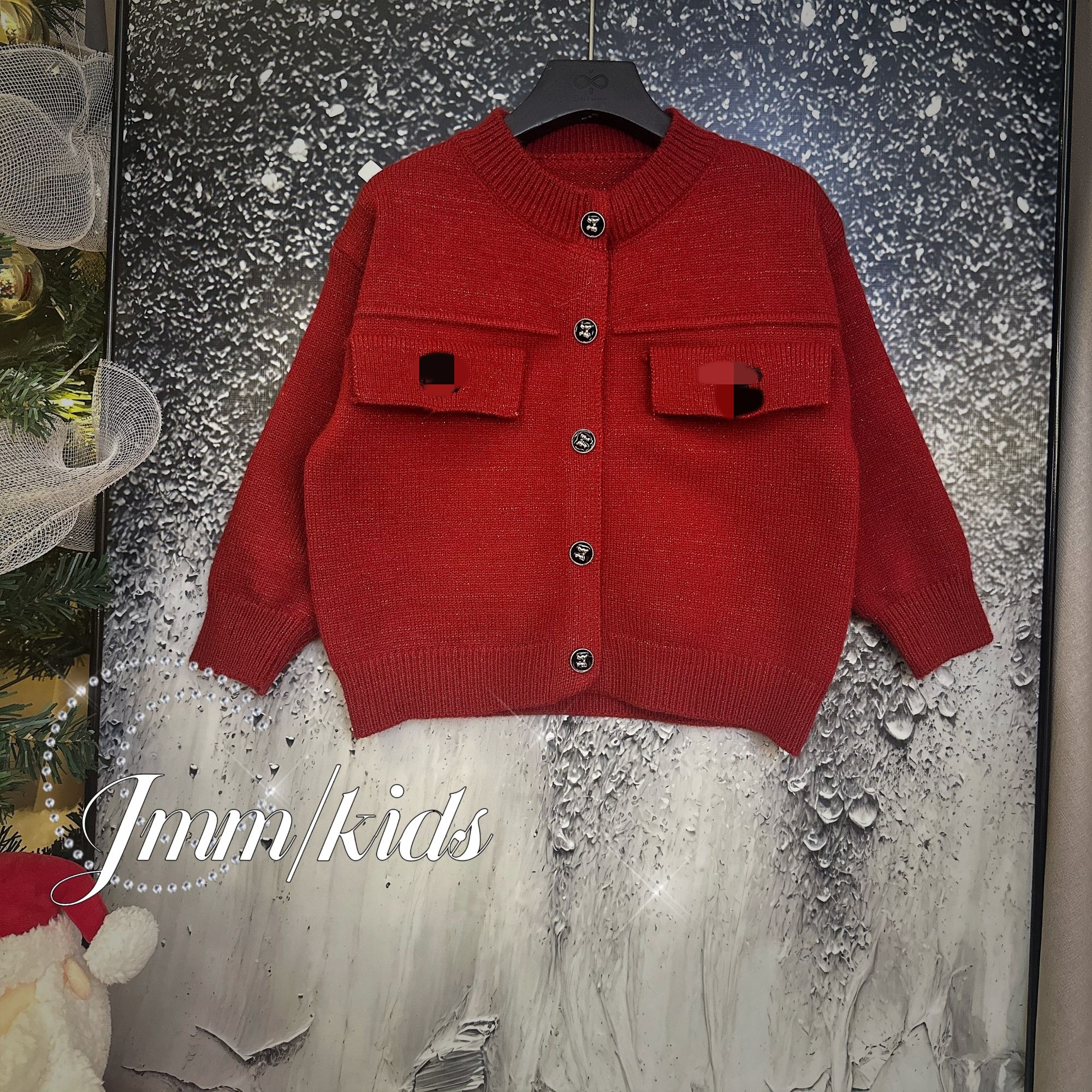 F029 女童红色针织开衫秋冬加厚保暖长袖毛衣外套