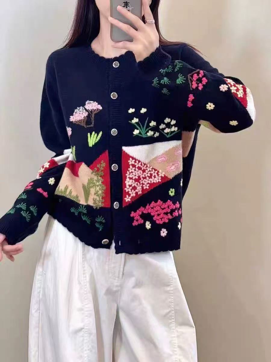 2025秋冬新款重工立体刺绣花朵针织开衫女休闲外套