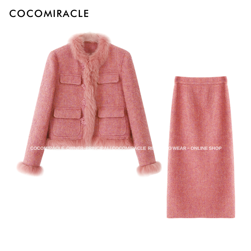 COCOMIRACLE【玫瑰物语】冬季新款狐狸毛羽绒套装Q38TZ8212