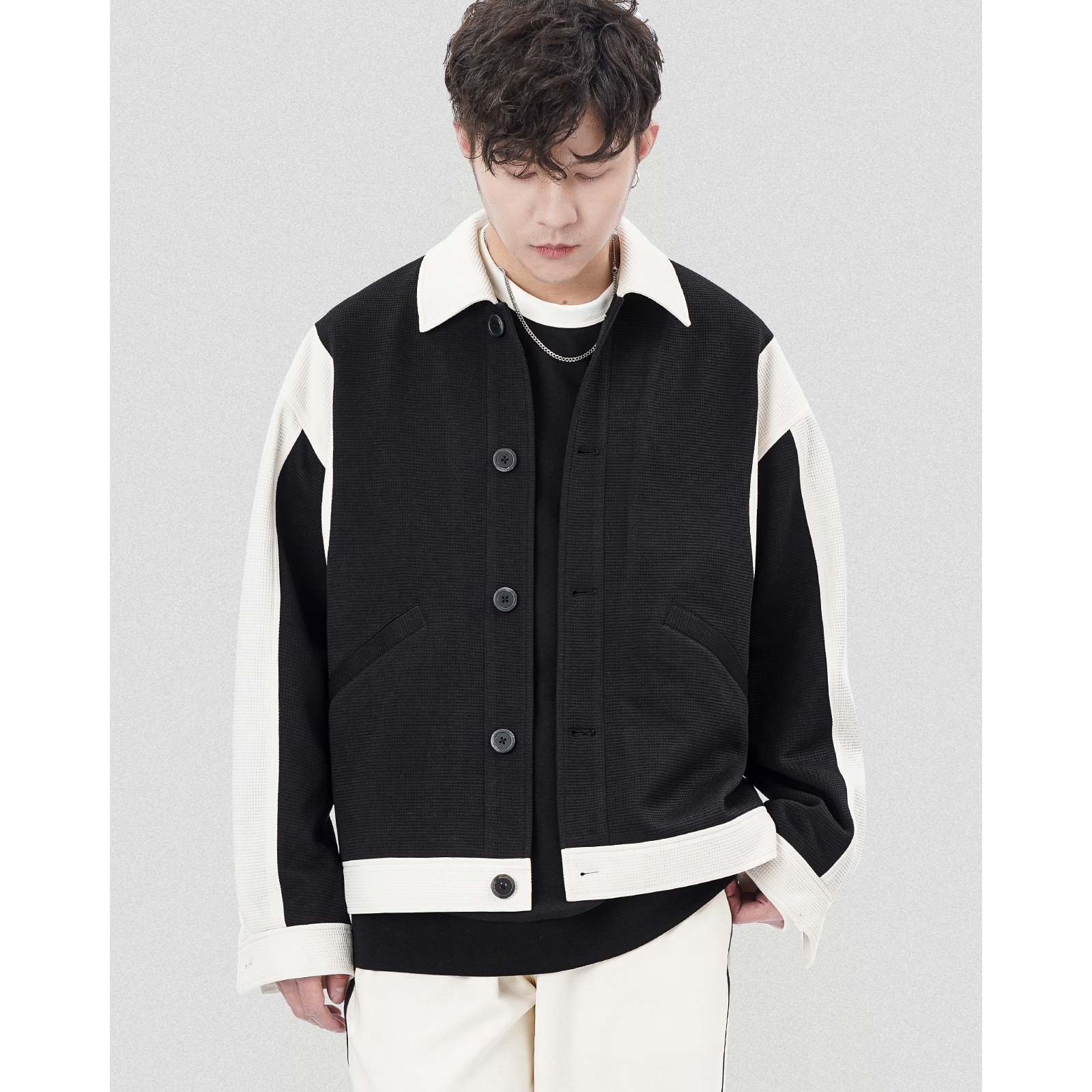 华夫格质感潮流撞色拼接翻领夹克春男士痞帅休闲百搭韩版上衣外套