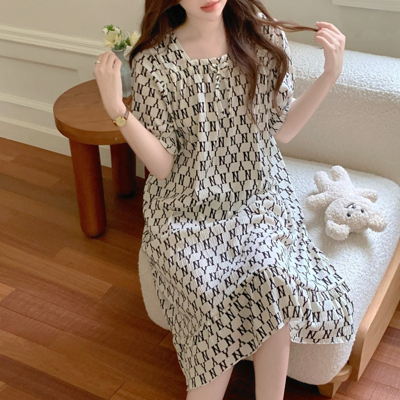 2025新款夏季新款女睡衣蝴蝶结睡裙花边短袖裙一字领家居服云朵