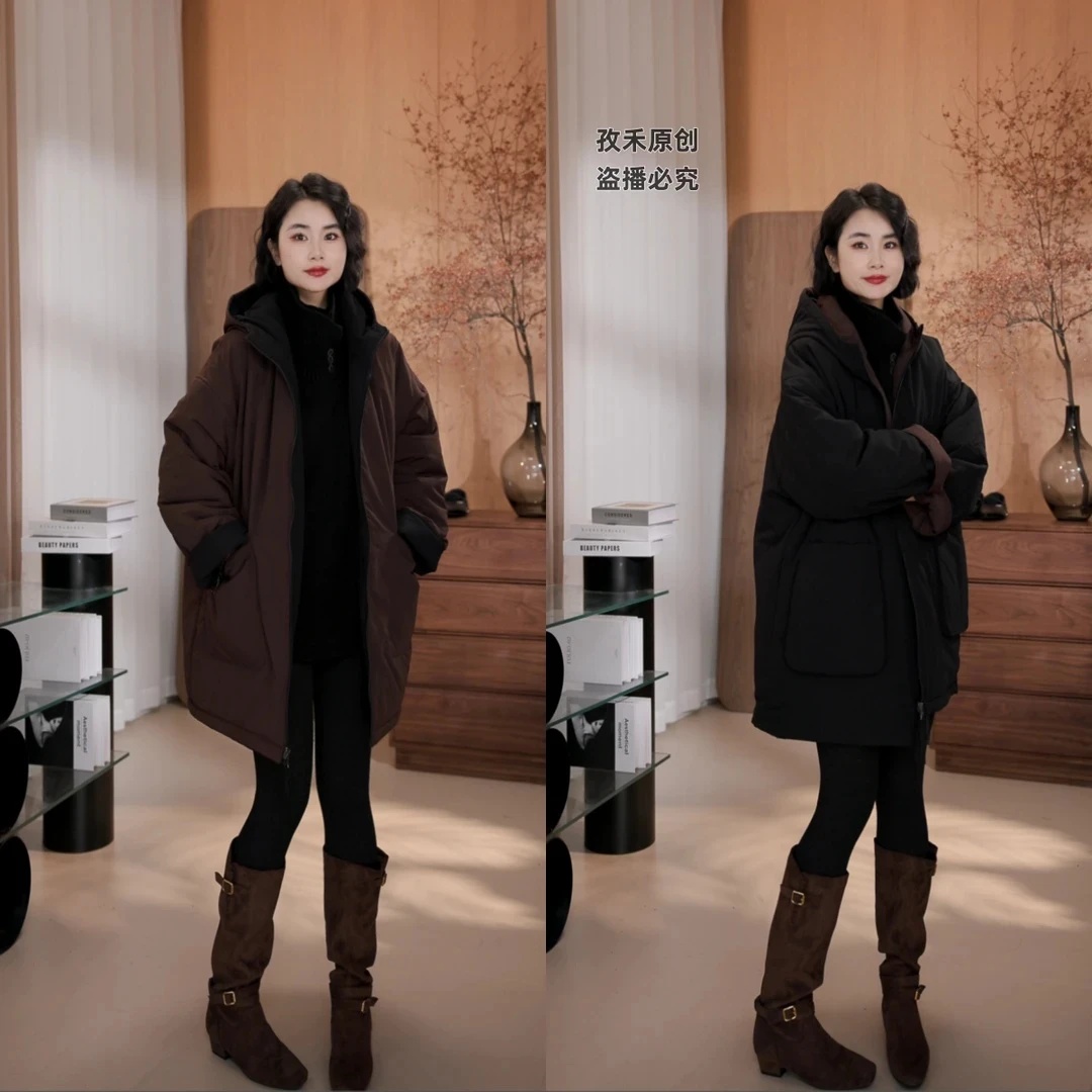 新孜禾冬季正反两穿连帽棉衣显瘦减龄宽松百搭中长款女士外套保暖
