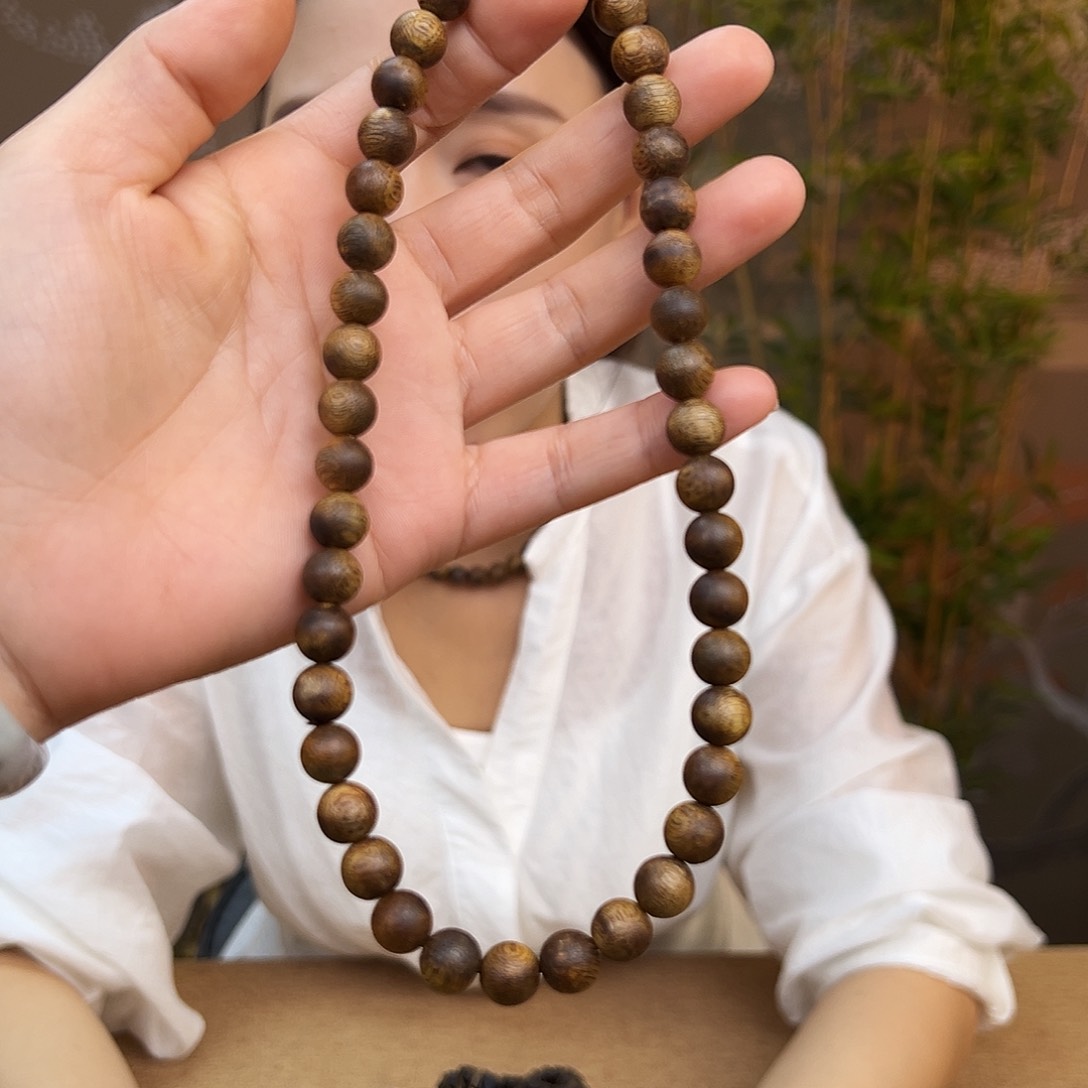 沉香手串海南老白奇金丝红油圆珠双圈一条0.9mm