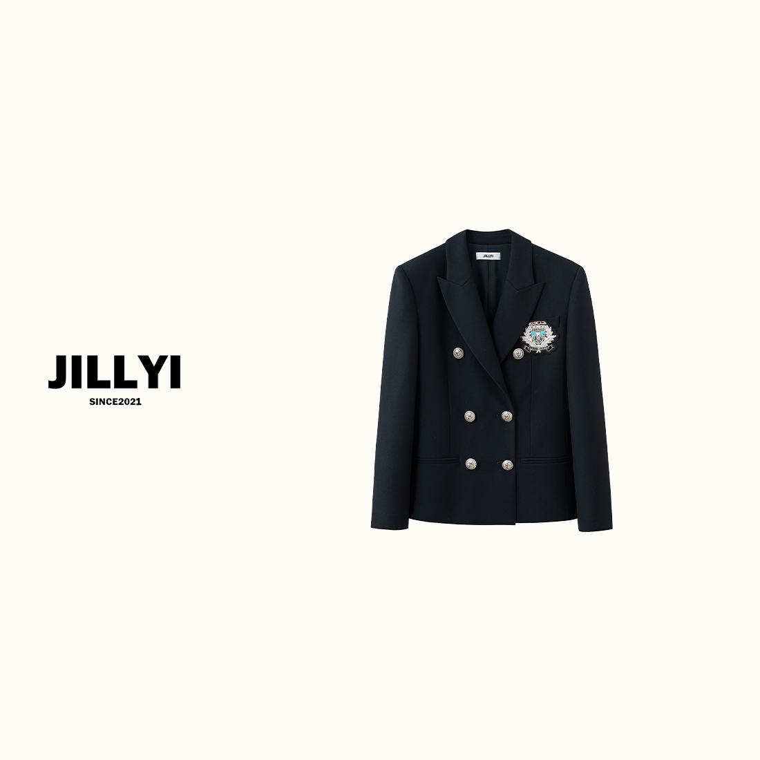 jillyi【学院旧梦】藏蓝色西装领胸前徽章时尚西装秋季韩版百搭