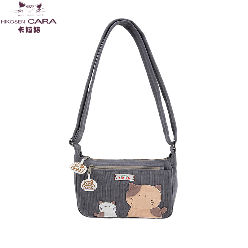 HIKOSEN CARA卡拉猫豆豆猫猫斜挎包日本潮牌可爱贴布棉质帆布女包