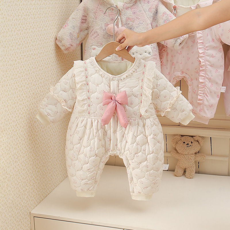 婴儿夹棉秋冬款法式田园风加绒连体衣女宝宝中式新生儿保暖新生儿
