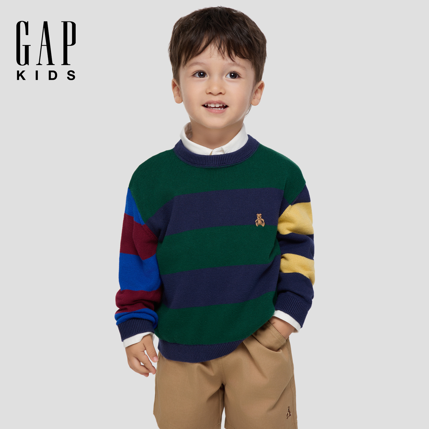 Gap男幼童2025秋季新款小熊刺绣纯棉条纹针织衫儿童装美版815541