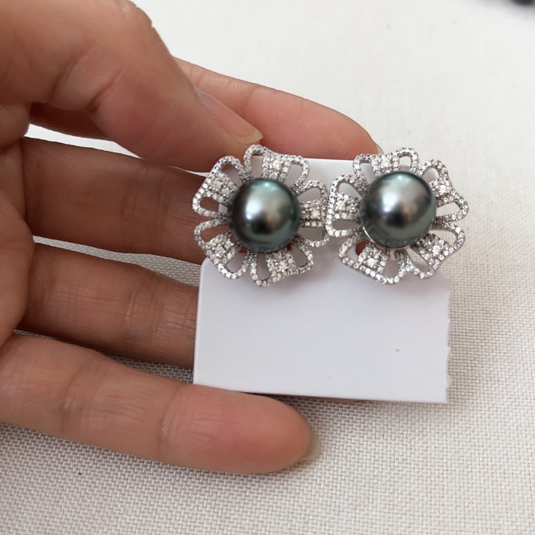 海水珍珠耳饰银S925镶嵌女*孔雀绿11