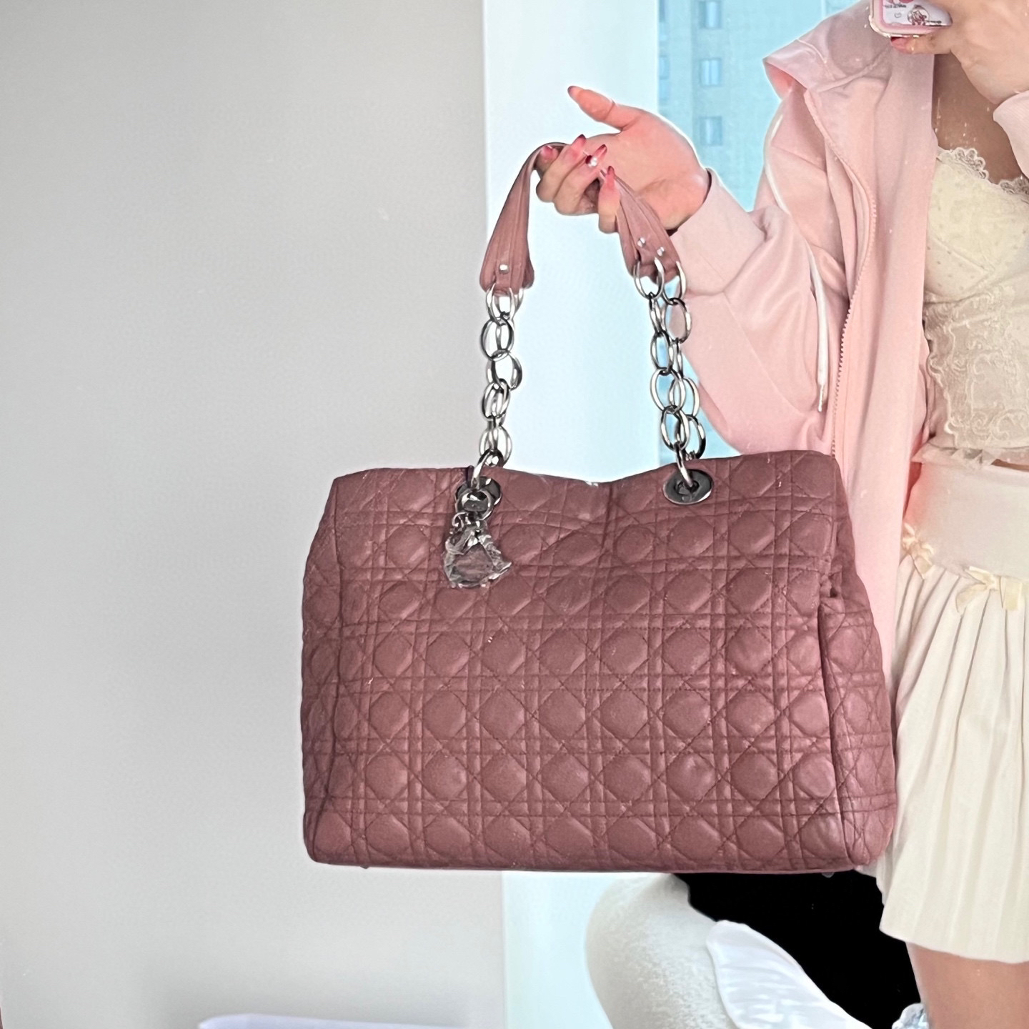 95新 DIOR/迪奥 dior豆沙粉银扣托特菱格纹腋下包