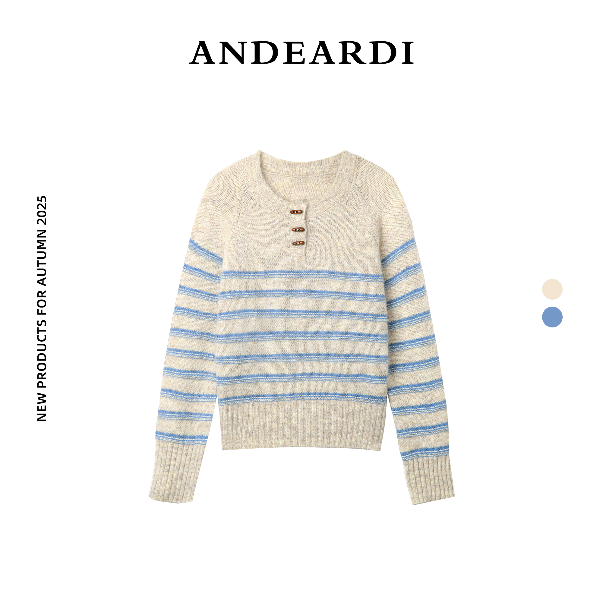 ANDEARD慵懒风圆领撞色条纹针织衫女复古牛角扣米灰色宽松毛衣冬