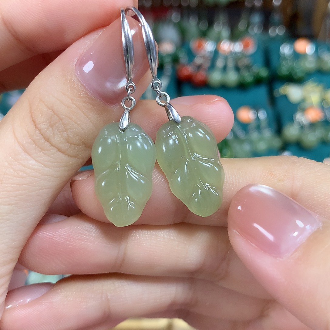 和田玉银S925镶嵌耳饰金枝玉叶卡19.5左右