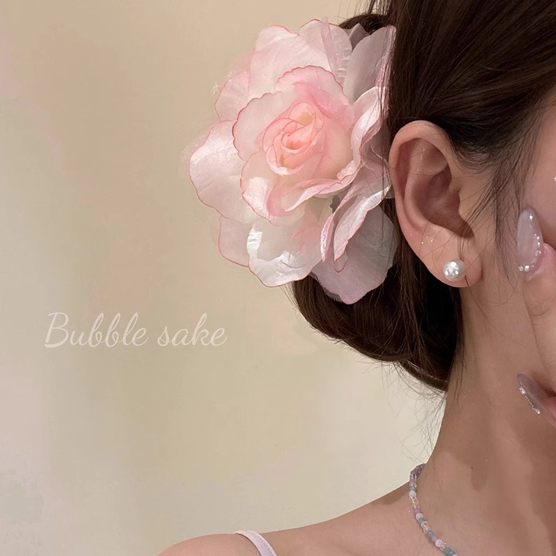 桃之夭夭 粉色玫瑰花朵发夹女海边拍照氛围感侧边夹发卡头花发饰