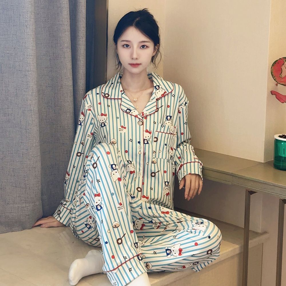秋冬德绒家居服蓝条kt猫长袖长裤睡衣