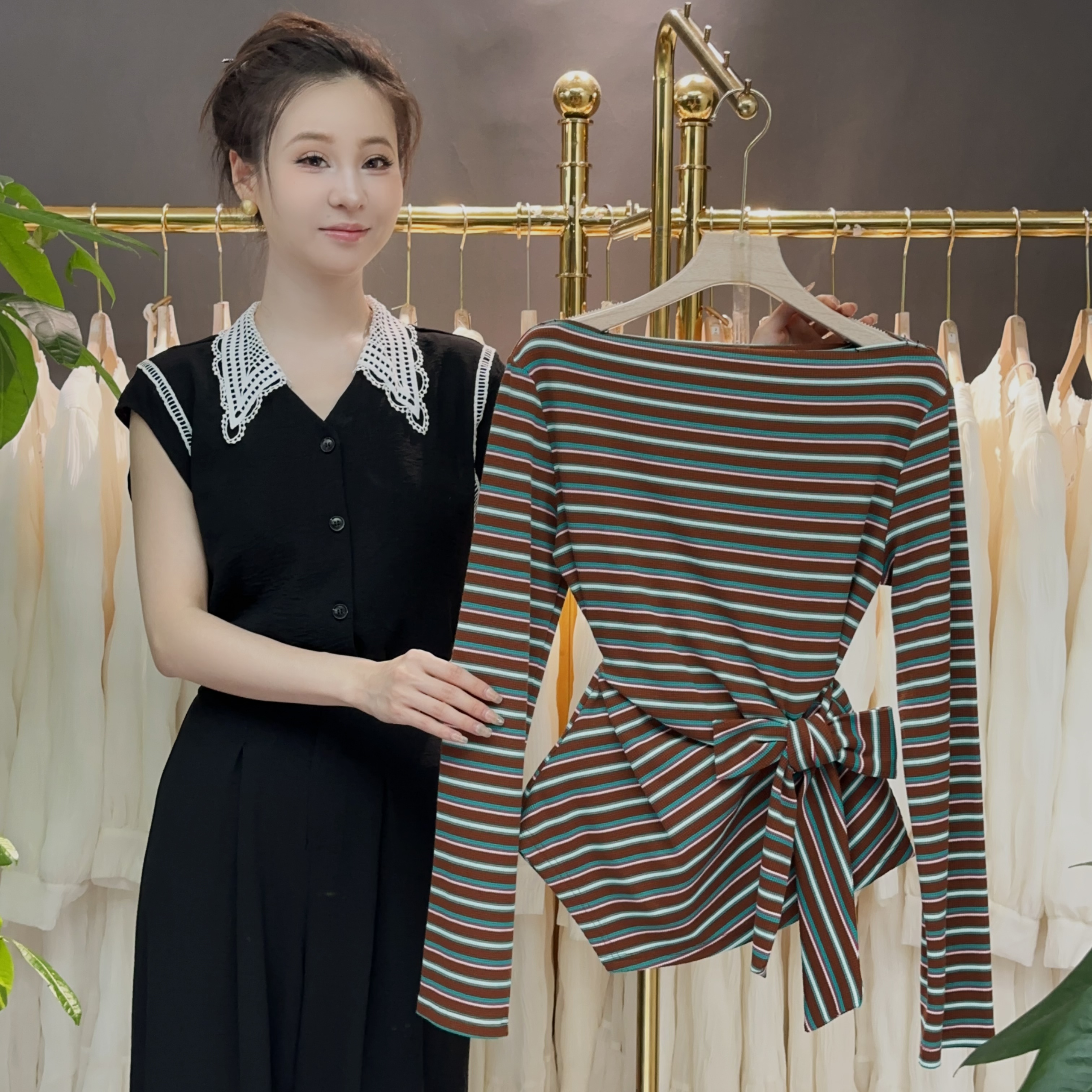 条纹长袖T恤女2025新款针织一字领条纹撞色显瘦百搭T恤显瘦上衣