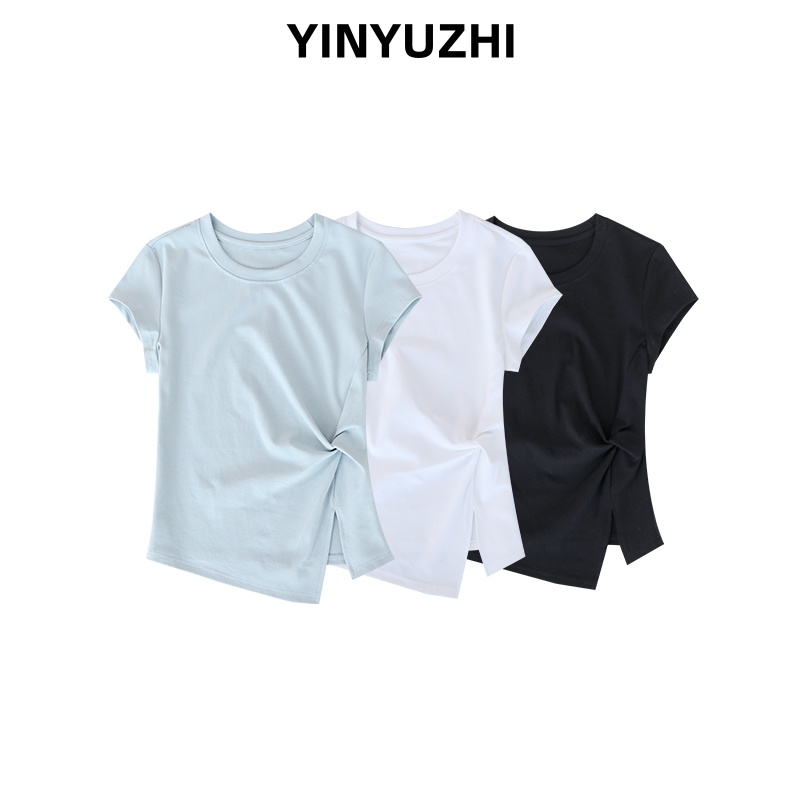 YINYUZHI/吟雨枝不规则T恤抽褶下摆开叉显瘦遮肉洋气短袖59011