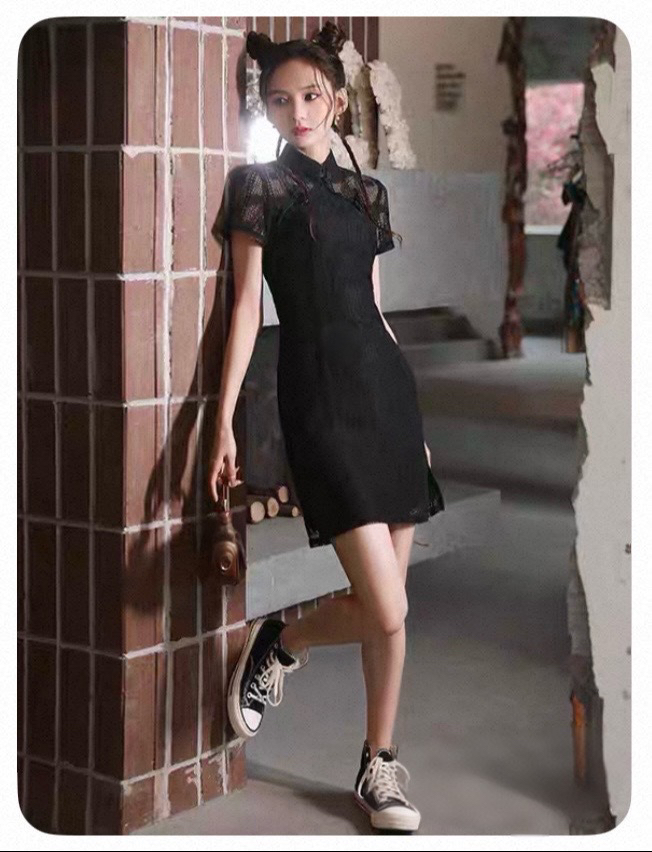 【2466 黑色 小性感 双层】显瘦气质修身优雅复古中国风旗袍