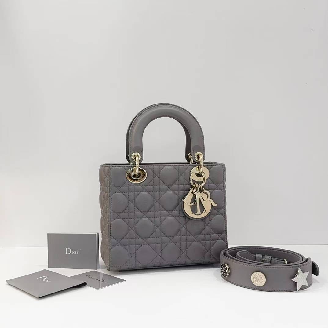 99新 DIOR/迪奥 蔚蓝/灰金羊皮四格戴妃