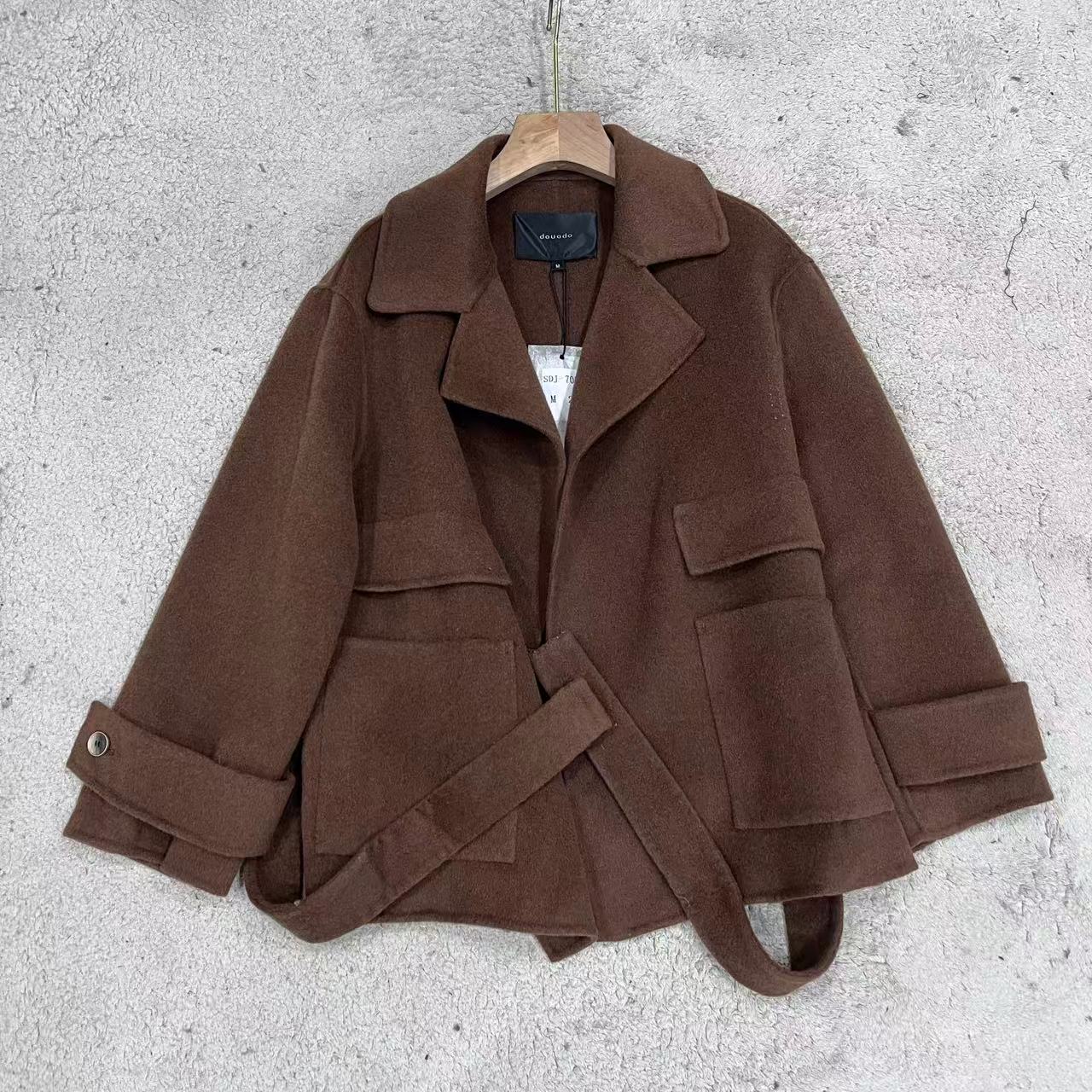 25秋冬韩版定制简约通勤焦糖色短款双面羊毛外套女