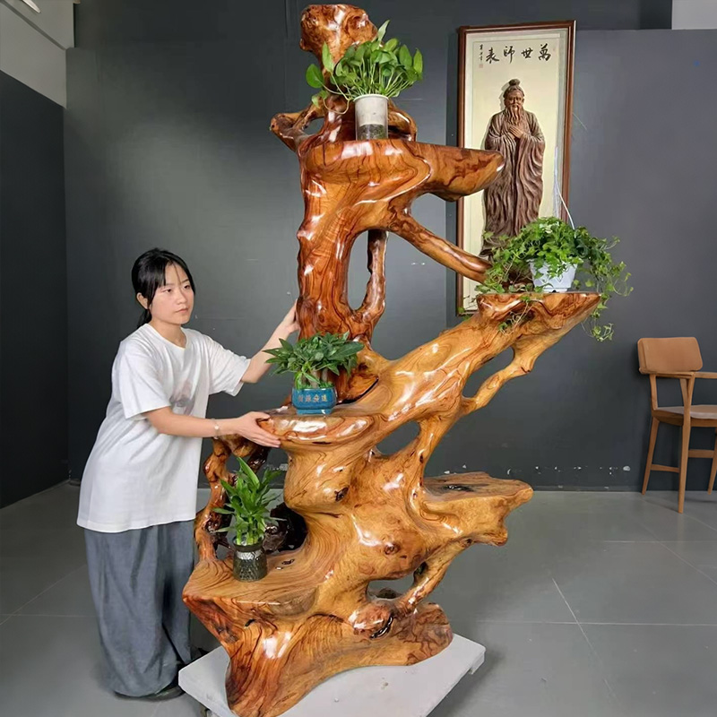 天然根雕花架实木雕树根底座原木多层盆景花台架子客厅落地式树桩