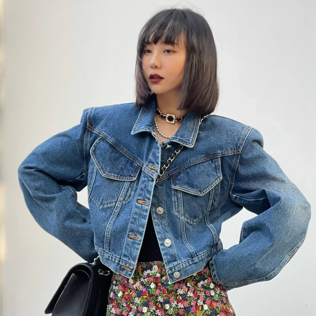 pushBUTTON 可拆卸垫肩 立体裁剪袖子 牛仔夹克