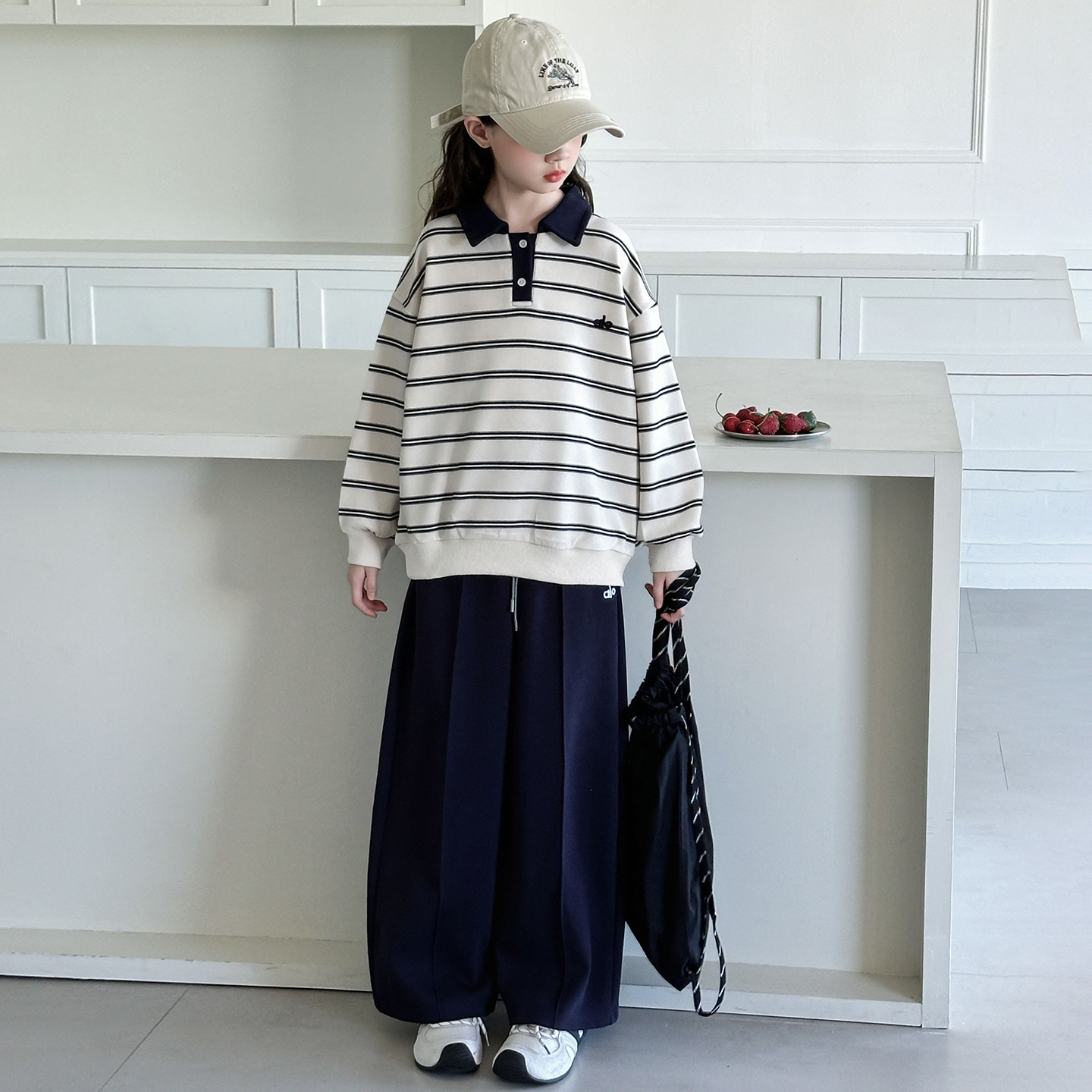 女童条纹套装秋装2025新款儿童休闲POLO领卫衣中大童春秋宽松裤子