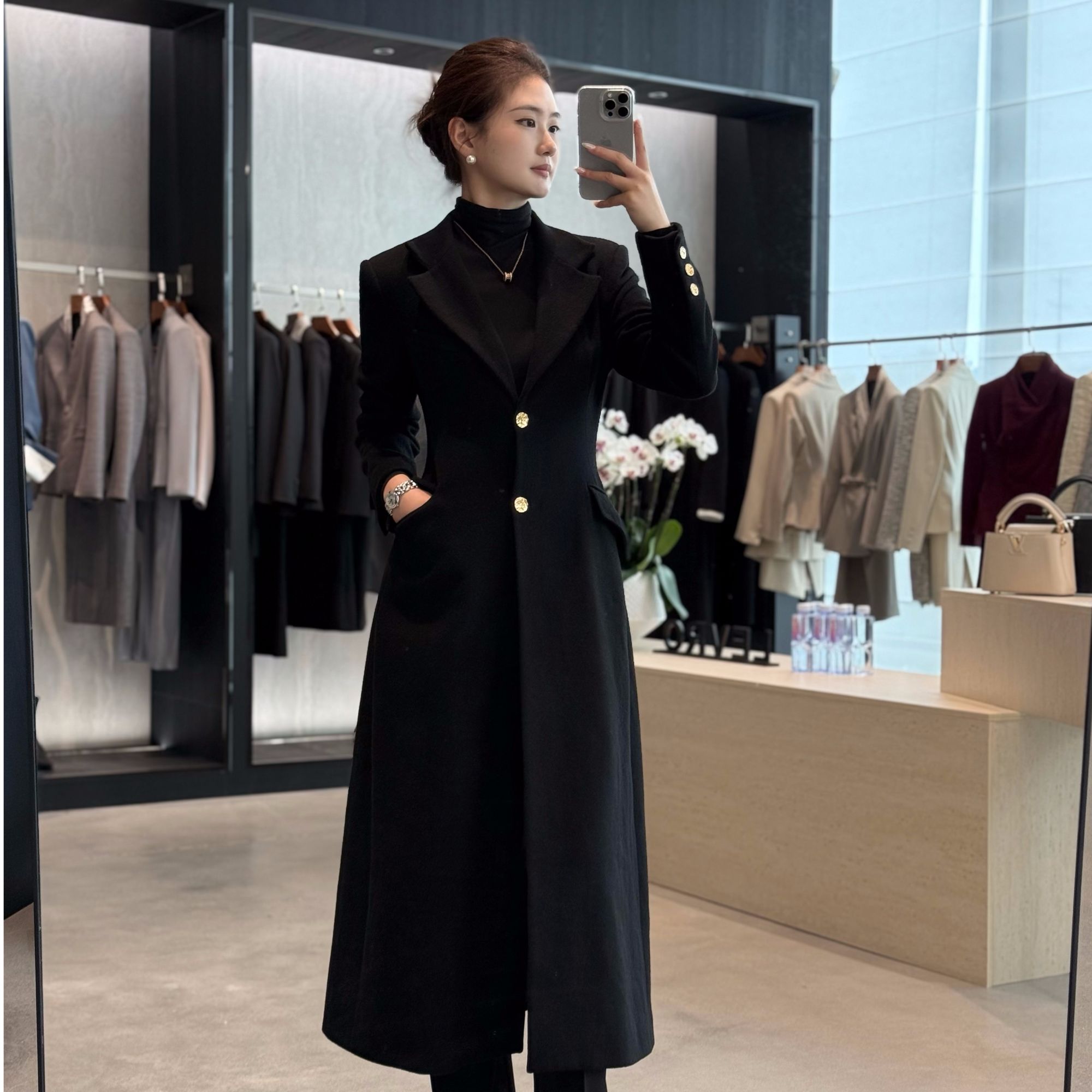 飒美英气！高品质羊毛黑色长款大衣外套显瘦气质时尚秋冬修身-2530