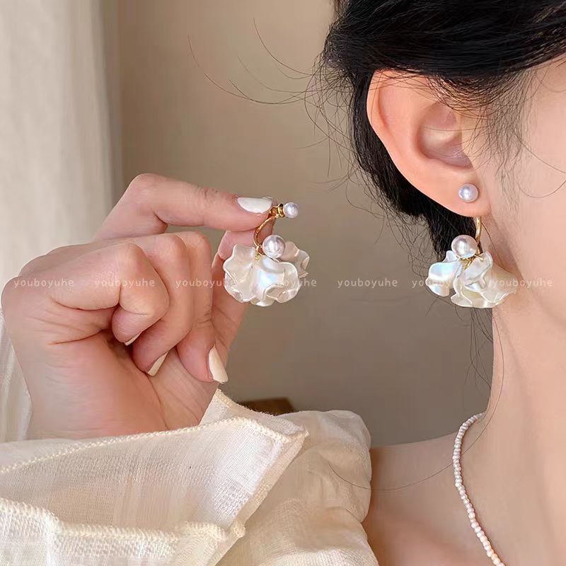 锌合金大理石耳饰 法式珍珠花朵两戴式流苏耳环高级感气质大气
