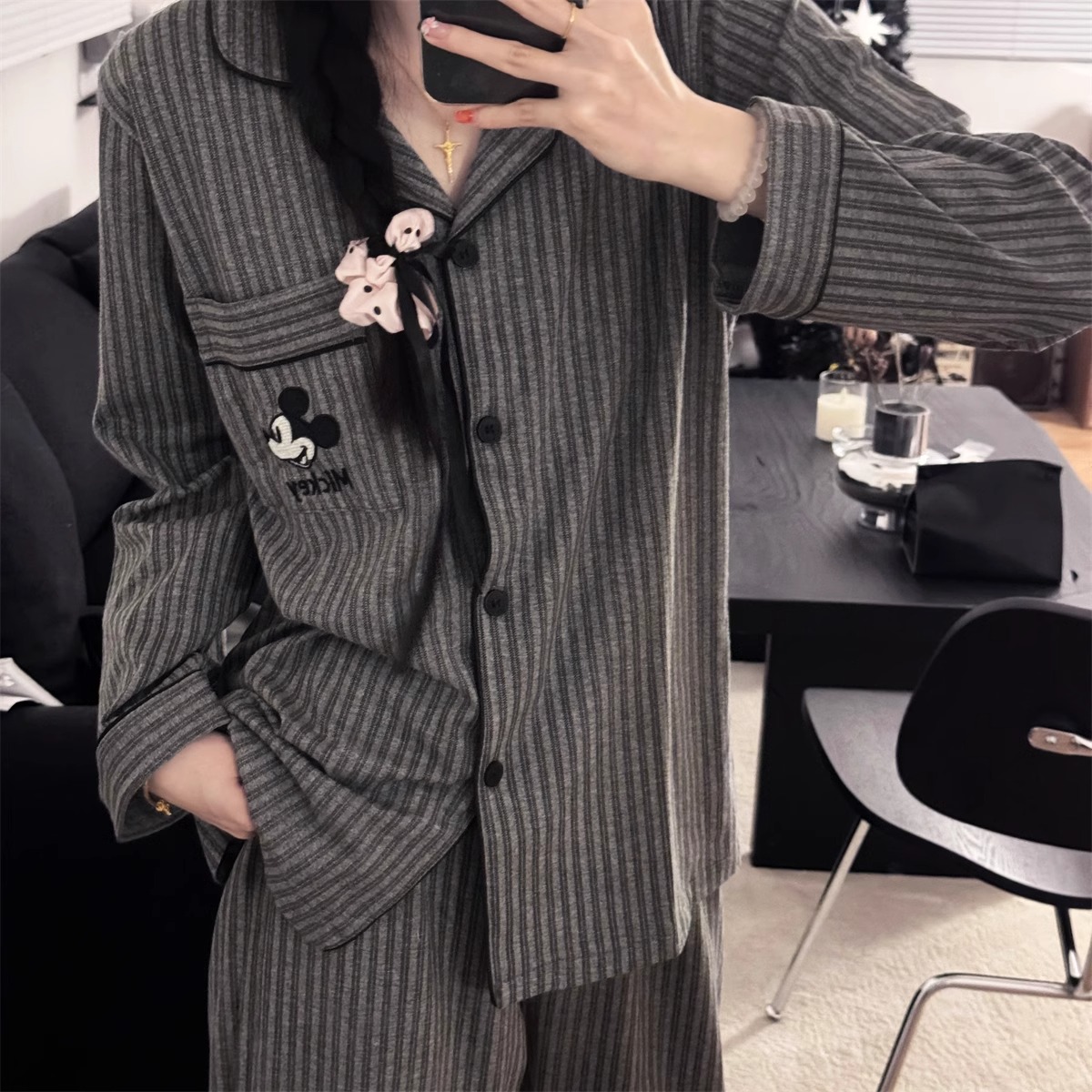 【线条米奇灰】云朵绵长袖春秋款简约条纹卡通米奇睡衣女家居服套装