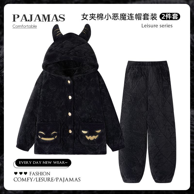 可外穿冬季小恶魔睡衣女三层夹棉加绒加厚保暖珊瑚绒家居服外穿