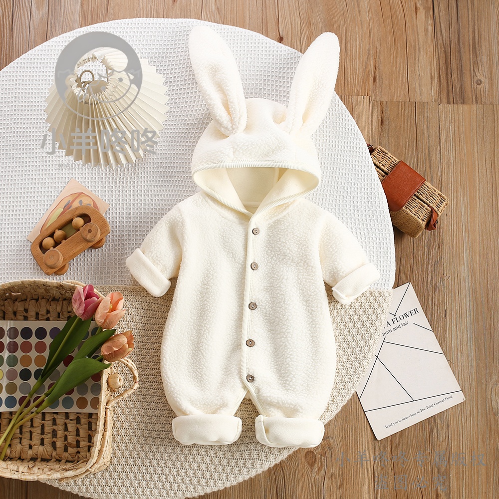 春秋款暖绒团子哈衣加绒保暖婴儿幼儿长兔耳连体衣男女宝简约爬服