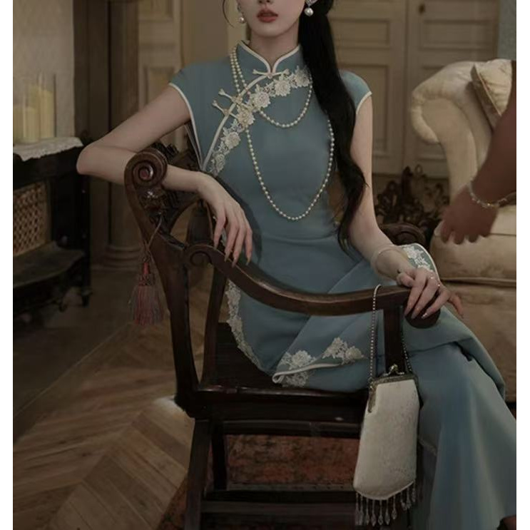 【与君书】国风改良花边装饰旗袍连衣裙+外套套装XH25XT050829-2