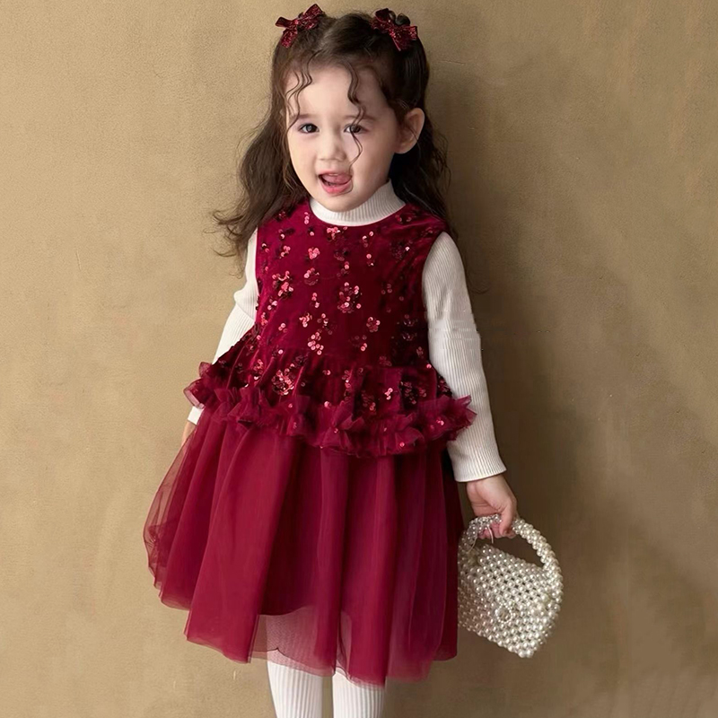 秋冬"云畔甜诗”女童针织上衣+无袖亮片蝴蝶结网纱连衣裙X2580