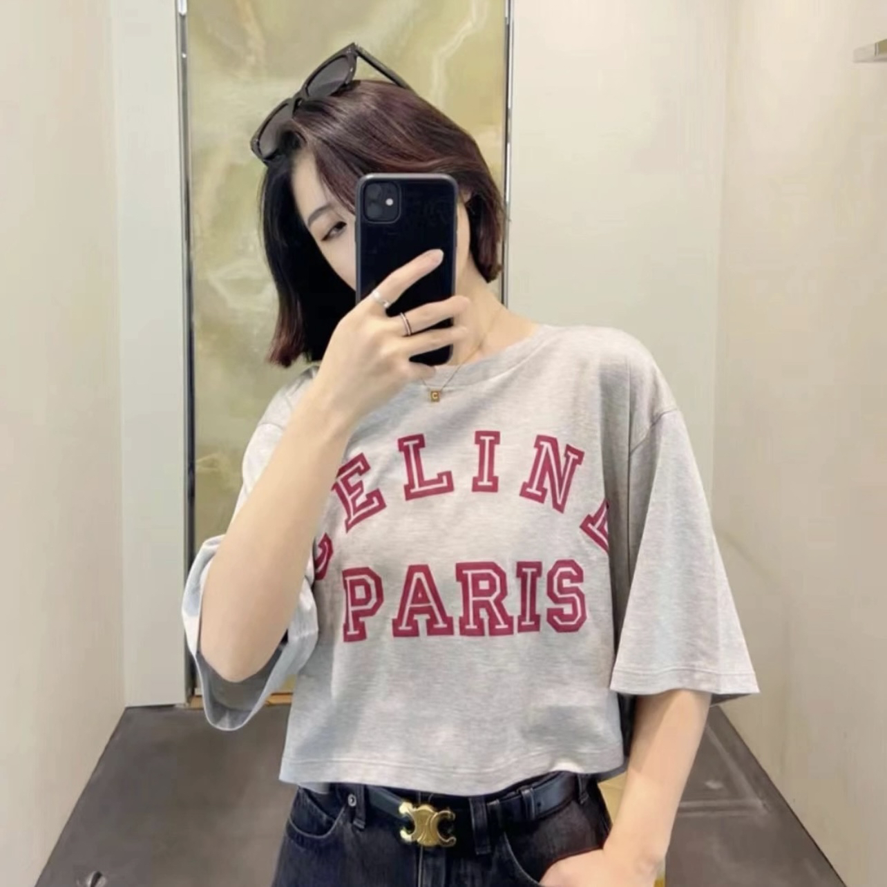 99新 Celine/思琳 aa049/22款灰色logo短袖T 棉 S码