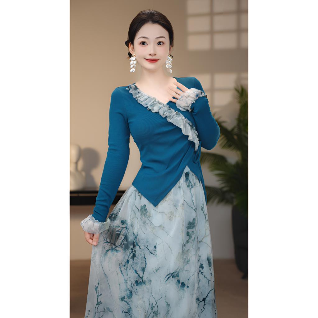 【半夏】春季新款小众设计高级撞色荷叶边V领上衣＋半裙套装-F0007