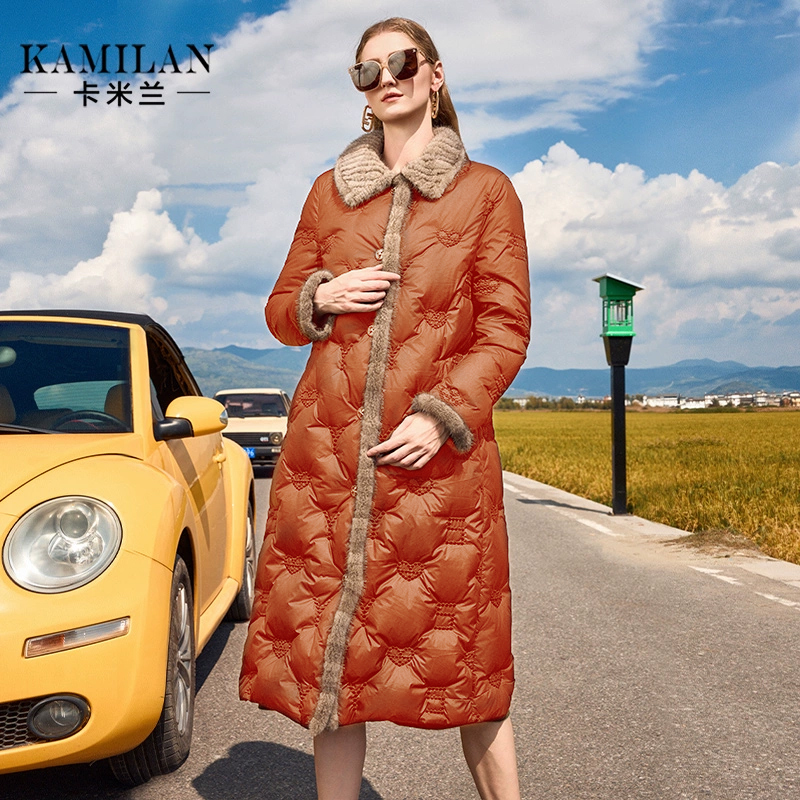 [90鹅绒]卡米兰复古水貂毛领拼接白鹅绒羽绒服女2024冬季新款外套