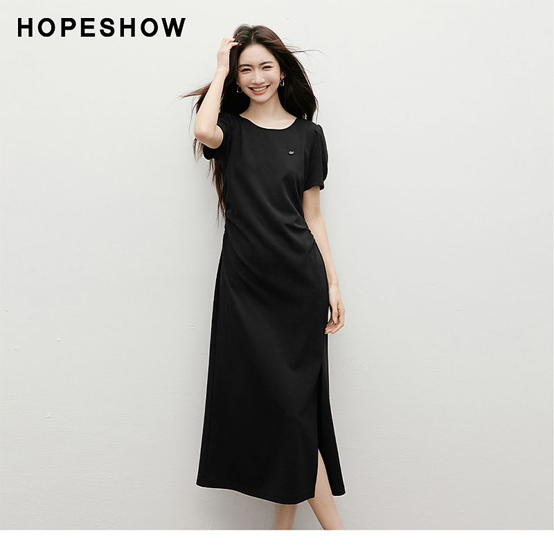 红袖2025夏季新款女装 泡泡袖收腰开叉圆领套头连衣裙90125101603